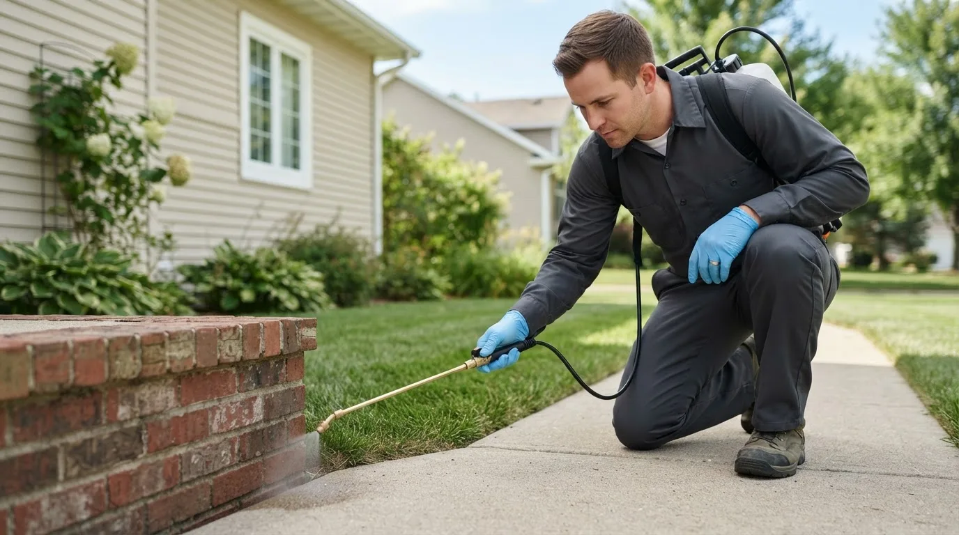 Pest control technician treating a home near Rome City, IN