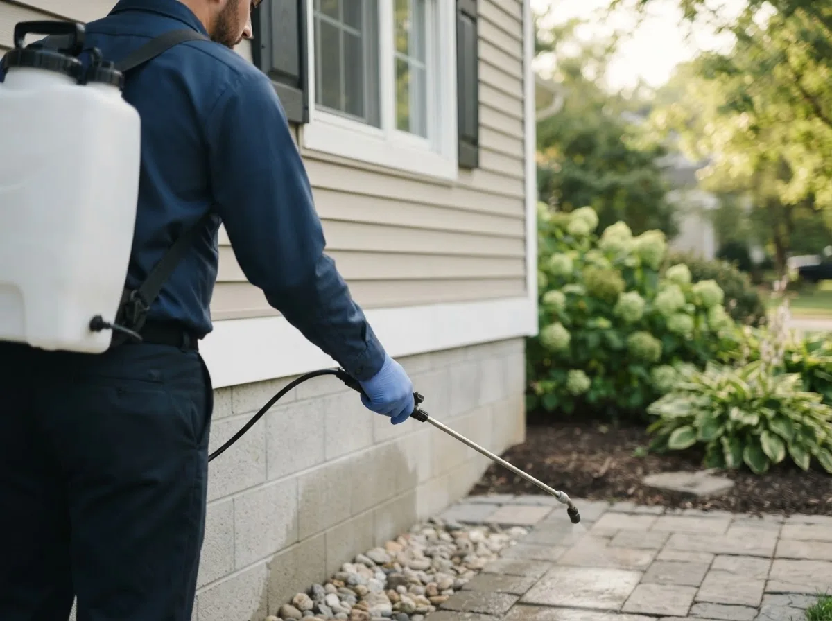 Pest control technician inspecting a home in Rome City, IN
